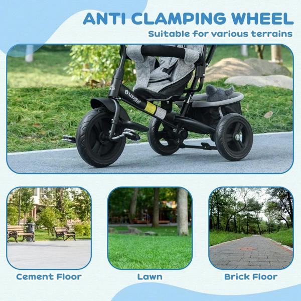 Grey kids trike with anti-clamping wheels, canopy, and footrest