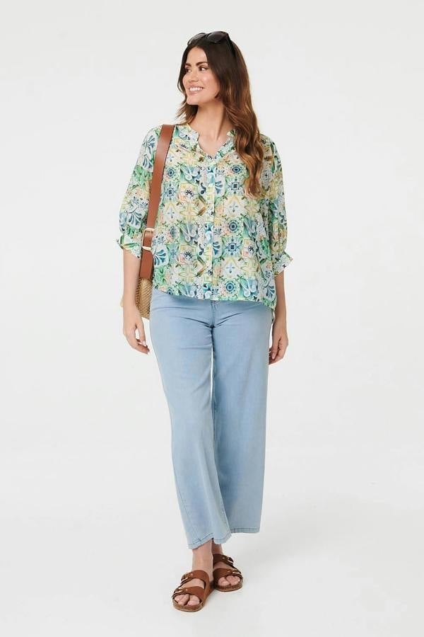 Green | Printed 3/4 Sleeve Curve Hem Shirt
