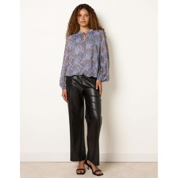 Blue Vanilla Metallic Leopard Print Tie Neck Puff Ball Blouse