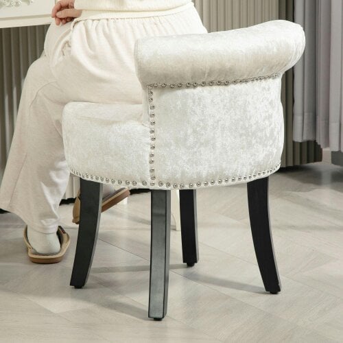 Wyld Haus Salami Beige Velvet Dressing Table Stool With Rubber Wood Legs