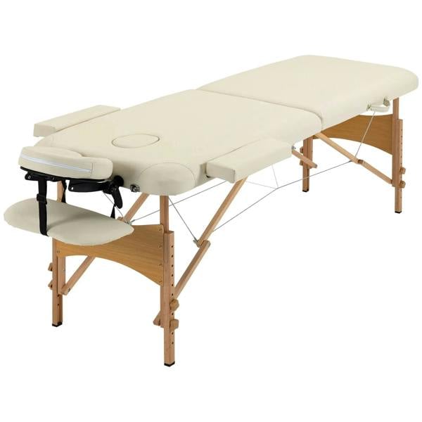 Cream two-section portable massage table with face cradle and wooden frame