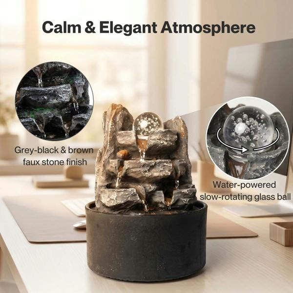 Spector Tabletop Water Fountain With Rotating Glass Ball  Resin Grey Brown