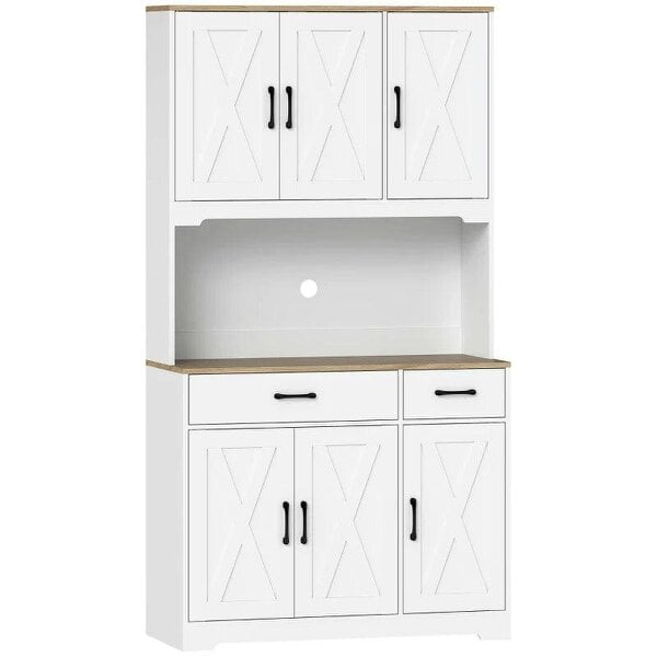 175 cm Tall Kitchen Pantry Cabinet with Microwave Stand, Freestanding Pantry Cupboard, White