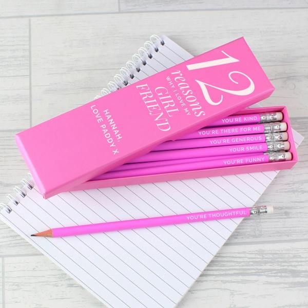 Abode Home & Gifts Personalised Pink '12 Reasons' Box And 12 Pencils