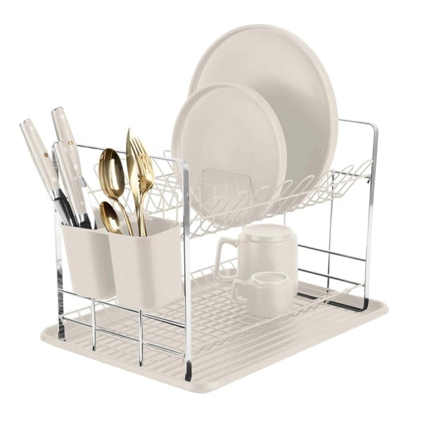 A Two-Tier Dish Rack from the Sahara Collection displaying cutlery and plates.