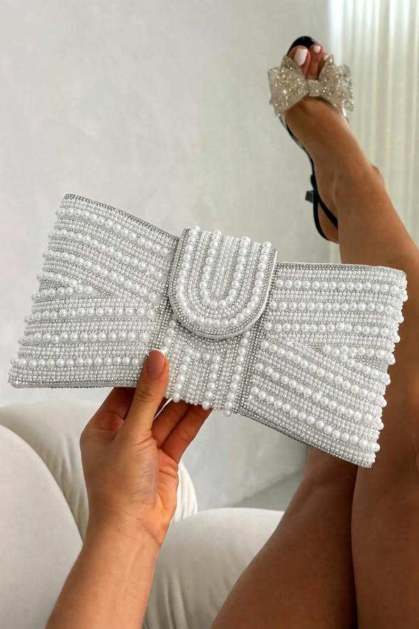 Love Lemonade Sparkly Pearl Bow Clutch Bag Silver