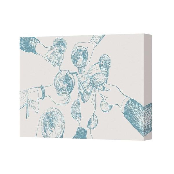Benjamin Tate Design Canvas Wall Art Print Cheers Circle Glasses Hands Sketch In Blue