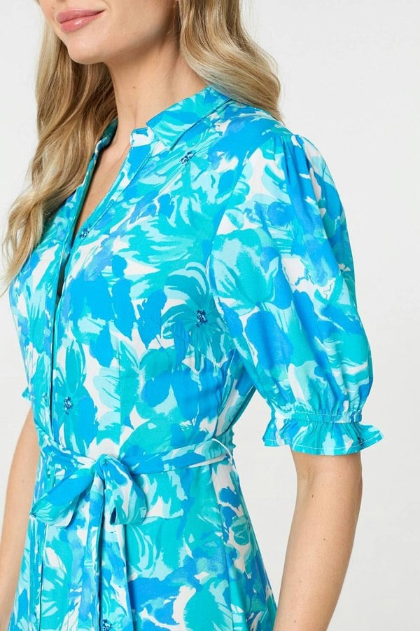 Blue | Printed 1/2 Puff Sleeve Tie Waist Maxi Dress
