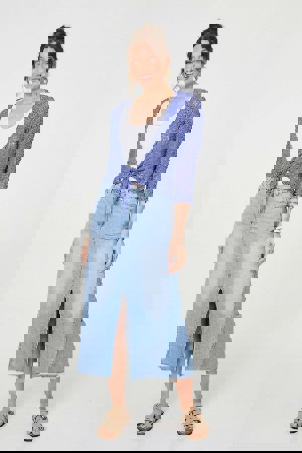 Blue | Crochet Open Knit Waterfall Cardigan
