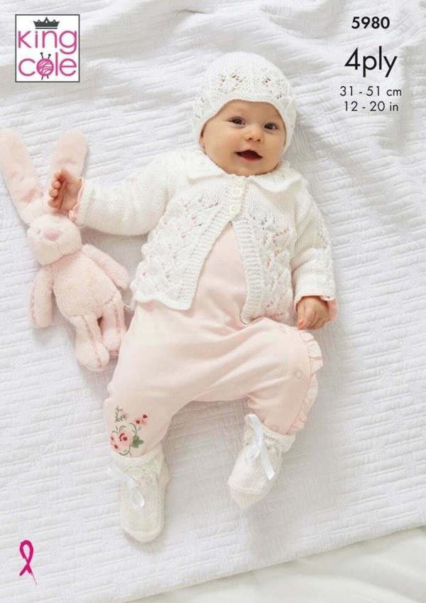 King Cole Cherished 4 Ply Knitting Pattern 5980, Shawls, Coats, Dresses, Shoes, Headwear for Baby, 12 - 20 Inches