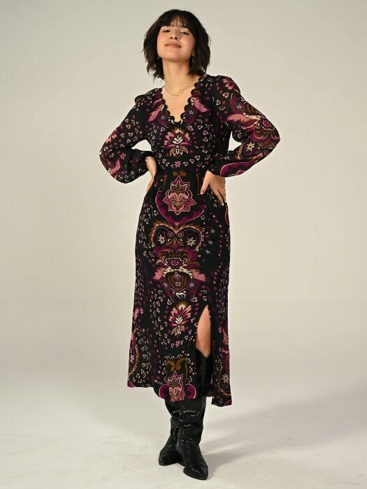 Rose & Nancy Annaline Black Pirnt Midi Dress