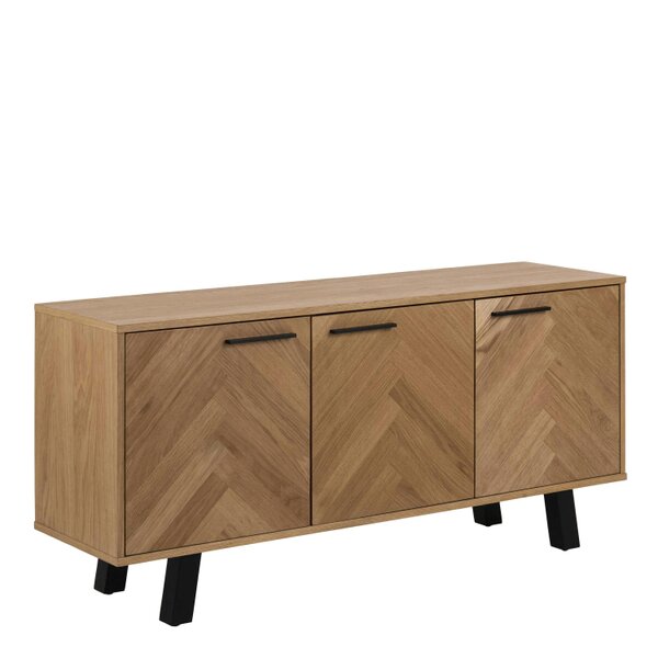 Wyld Haus Chevron Herringbone Natural Oak Wood 3 Door Sideboard