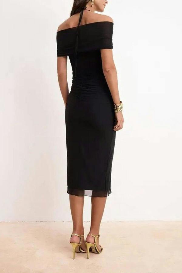 WOVCOR Draped Knitted Tulle Midi Lined Party Dress