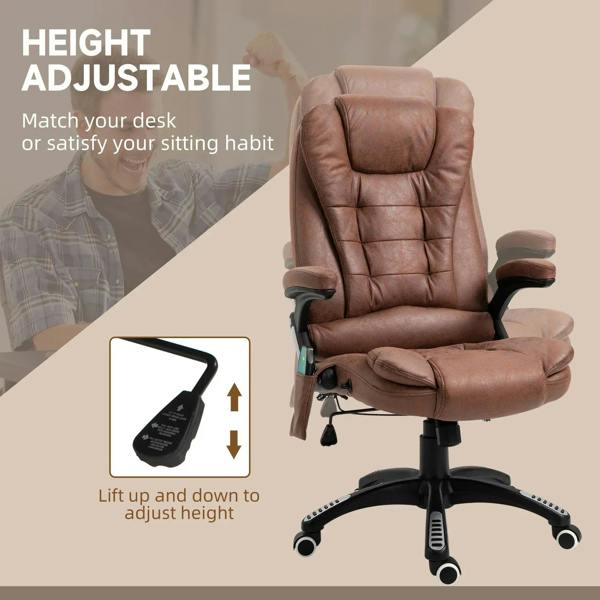 Brown height-adjustable massage recliner office chair with padded headrest and armrests