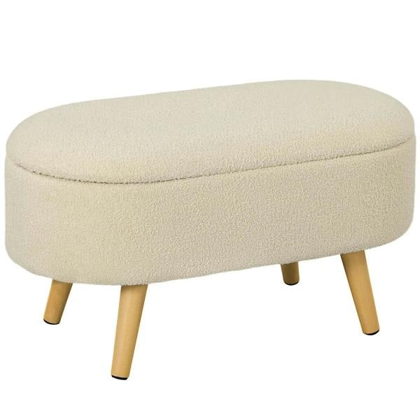 Cream teddy fleece storage ottoman with rounded top and tapered wooden legs