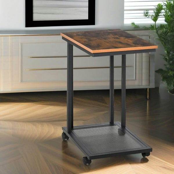 Rafaelo Mobilia Industrial C Shaped Side Table With Mesh Shelf & Wheels