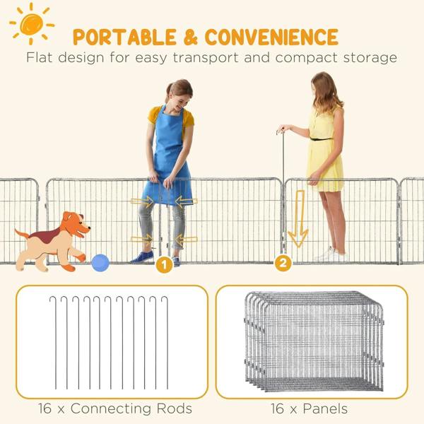 Grey folding dog playpen with connecting rods and flat panels for storage