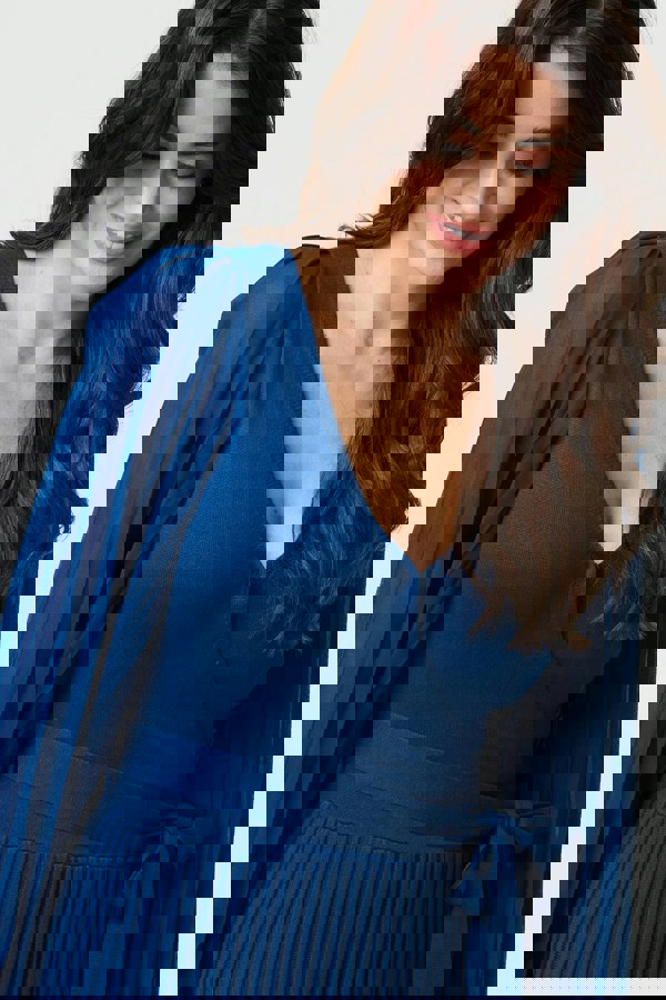 Teal | Semi Sheer Pleated Knee length Dress
