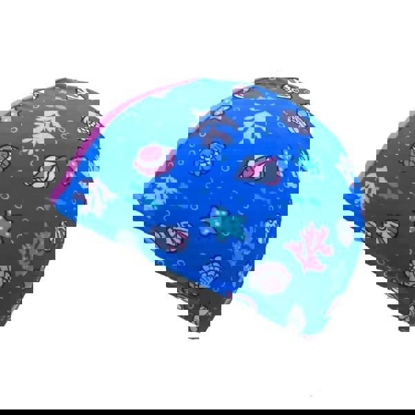 Fashy junior lycra swim cap in blue with pink trim and sea-themed shells, coral, starfish, bubbles