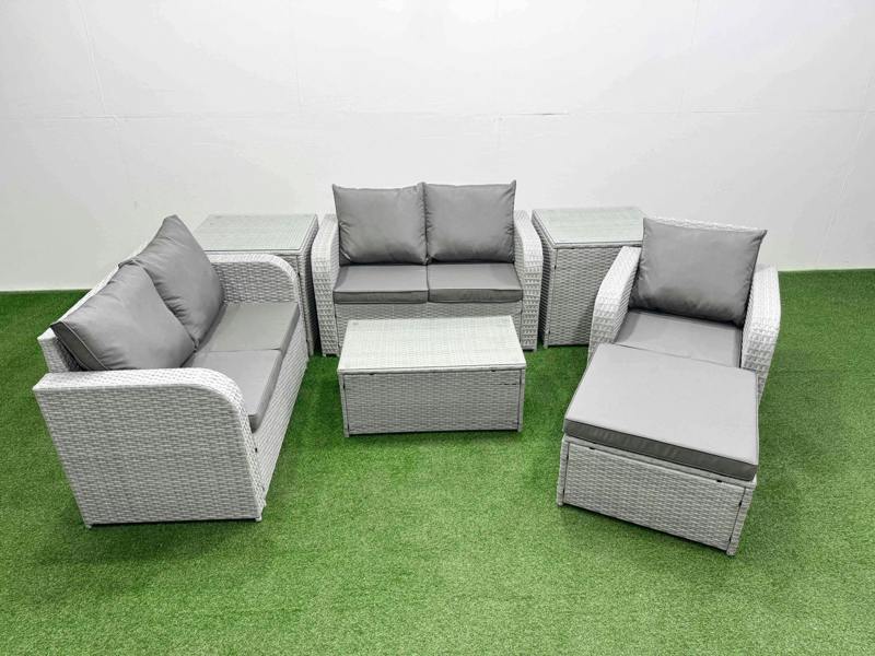 Fimous High Back Outdoor Furniture Set, Poly Rattan, Reclining Chair Loveseat, Coffee Table, Big Stool and 2 Side Tables, Light Grey