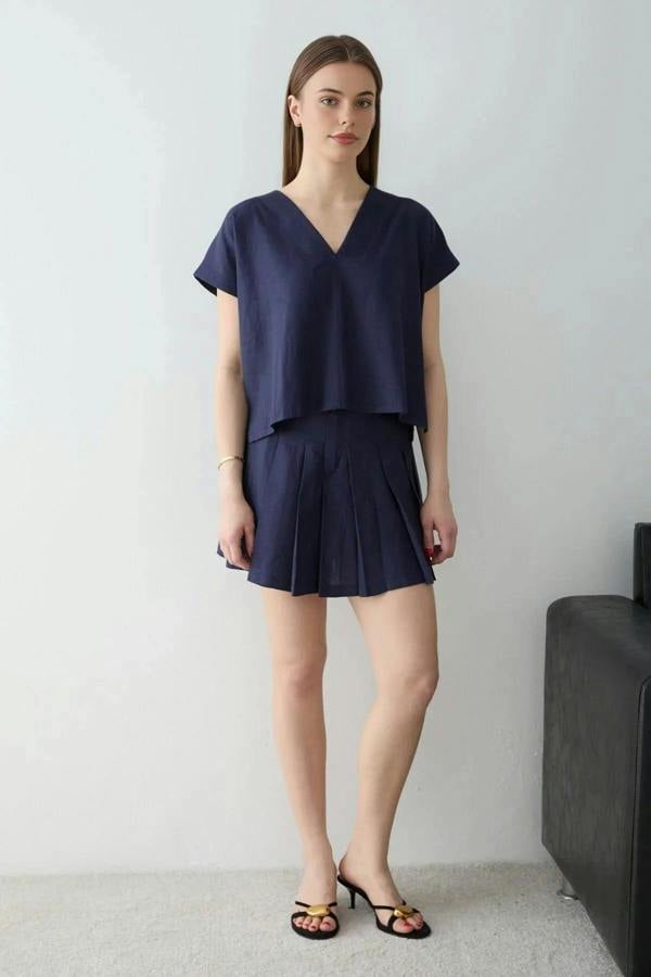 WOVCOR 2-Piece Linen Skirt and Blouse Woven Top and Bottom Set