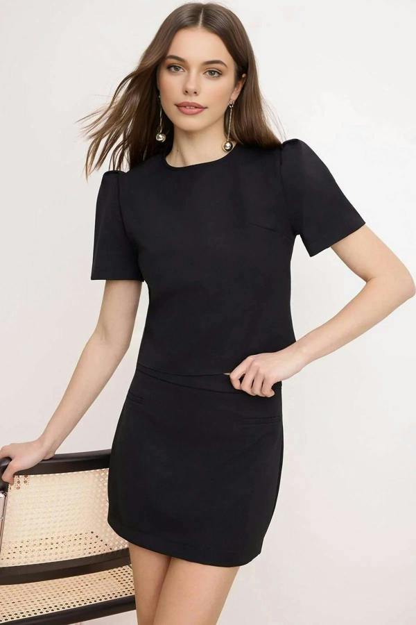 WOVCOR 2-Piece Balloon Sleeve Blouse and Mini Skirt Woven Top and Bottom Set