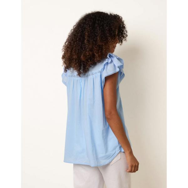 Blue Vanilla Cotton Embroidery Detail Ruffle Sleeve Top