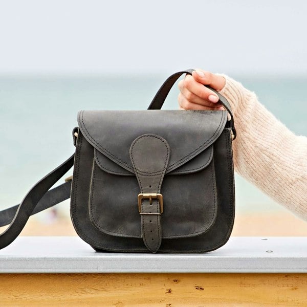 Paper High Black Buffalo Leather Curved Saddle Bag