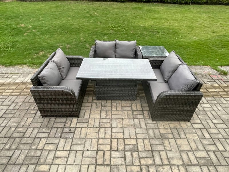 Fimous Outdoor Rattan Furniture Garden Dining Set Height Adjustable Rising lifting Table With 3 PC Love Sofa Side Table