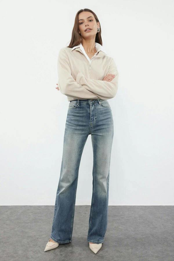 WOVCOR Faded Effect Vintage Regular Waist Flared Jeans