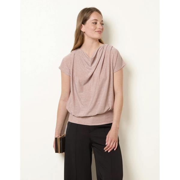 Blue Vanilla Lurex Metallic Cowl Neck Draped Top