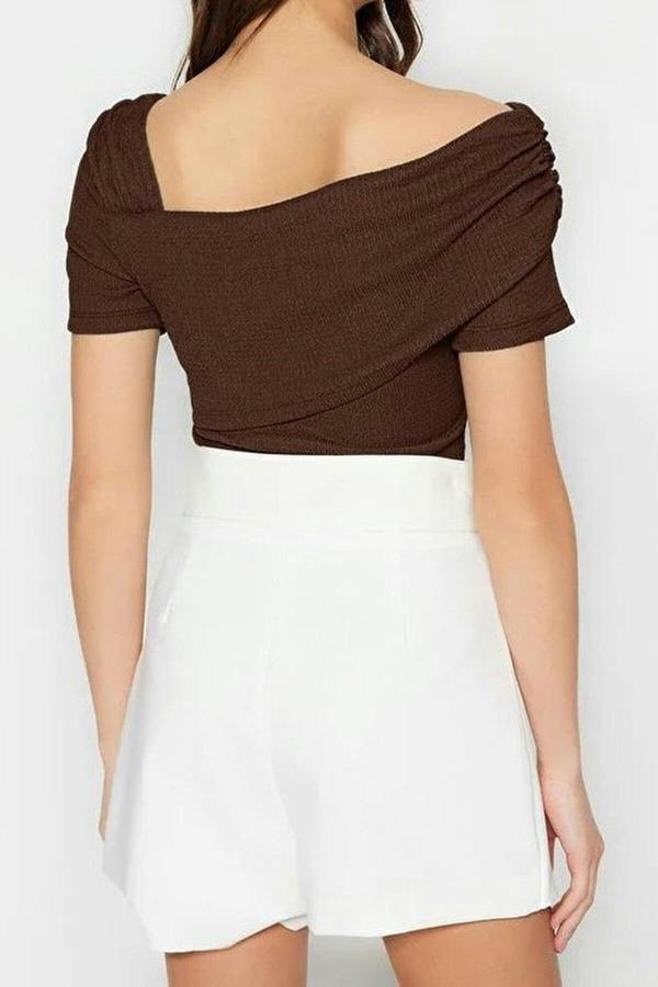 WOVCOR Asymmetrical Collar Fitted Snap Button Knitted Bodysuit
