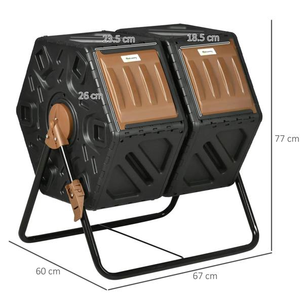 Freestanding dual-chamber composter in black with two hinged tan panels and metal legs