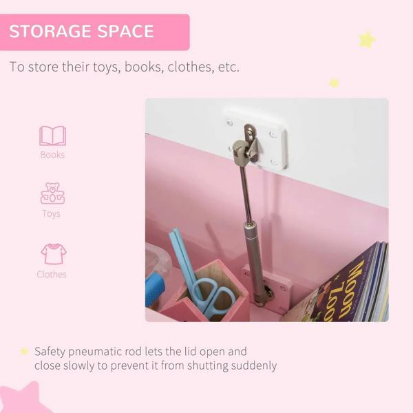 Pink toy box bench detail of safety pneumatic rod for smooth lid control