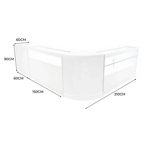 Curved white LED shop counter set featuring sleek design, dimensions of 150cm x 90cm x 60cm, ideal for retail displays