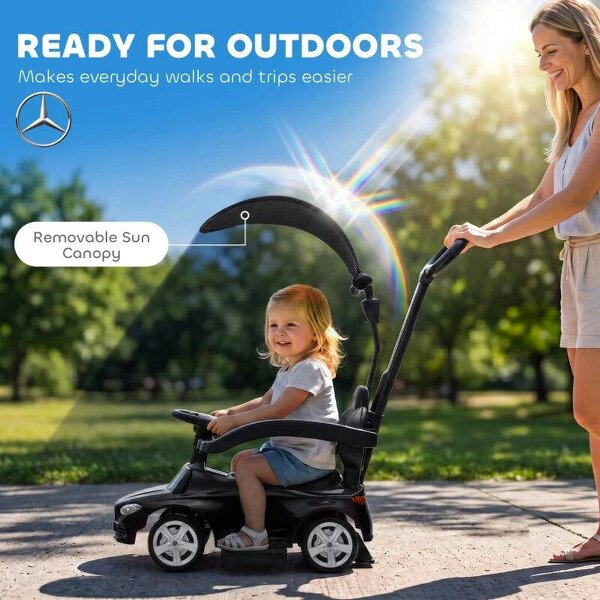 4 in 1 Licensed Benz Ride on Push Car with Handle, Canopy, Guardrails, Horn, Music, Storage for 12-36 Months, Black