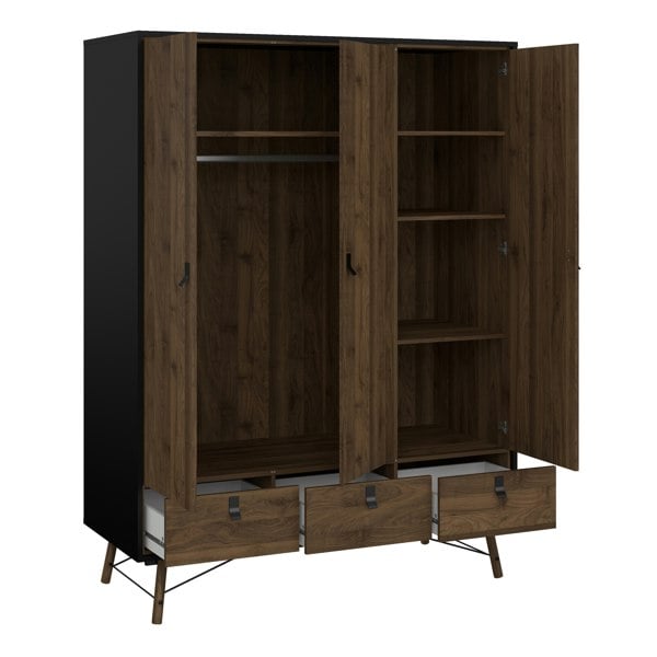 Furniture To Go Ry Wardrobe 3 doors + 3 drawers in Matt Black Walnut