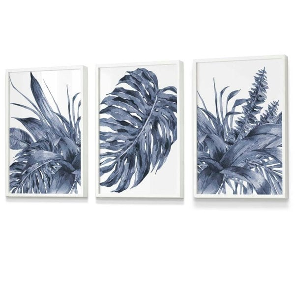 Tropical Leaves Navy Blue Abstract Set of 3 Framed | Artze Wall Art UK