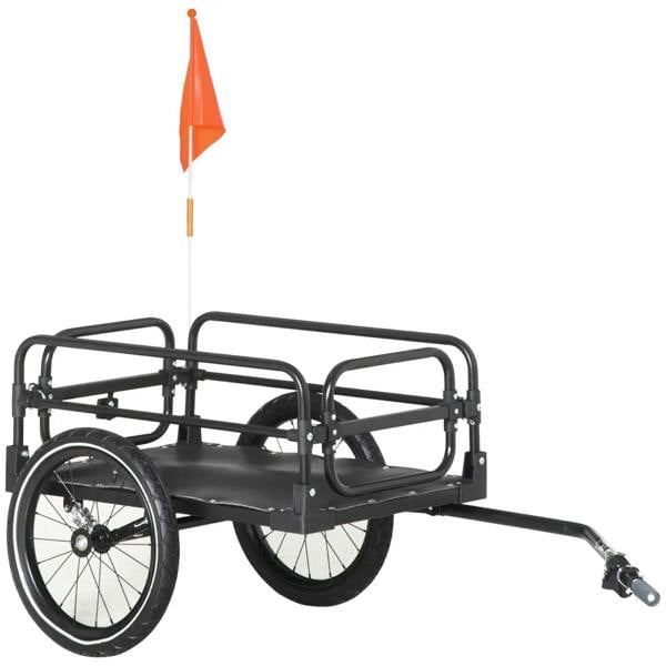 Black two-wheel bicycle trailer with safety flag and protective tubular frame