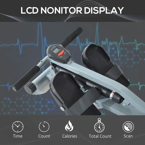 Grey rowing machine LCD monitor display with control buttons near the handlebars