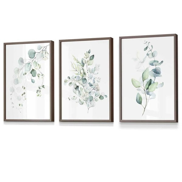 Artze Wall Art FLORAL Set of 3 Eucalyptus Blue Green Leaves Framed Prints