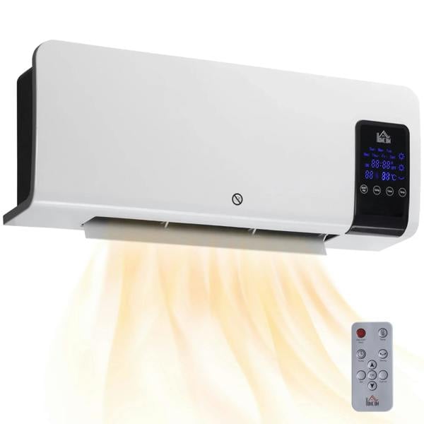 White wall-mounted heater with digital control panel and remote control