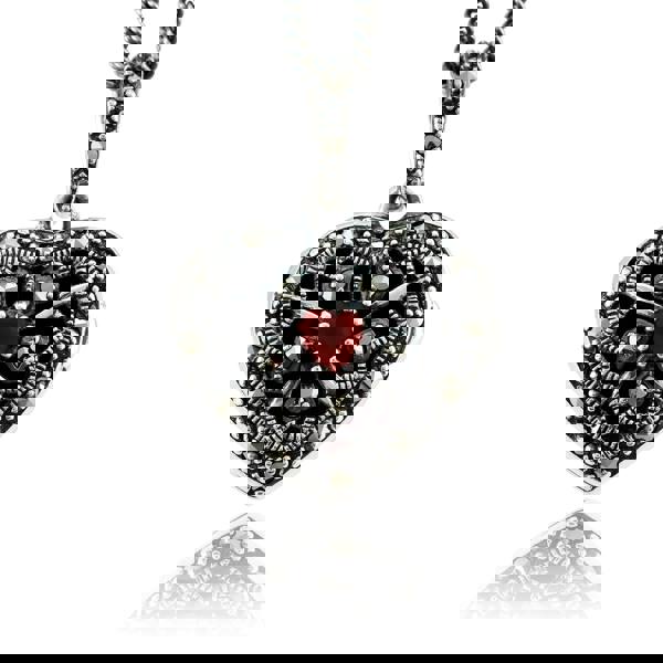 Art Nouveau Style Heart Cornelian & Marcasite Locket on Chain in 925 Sterling Silver - Gemondo