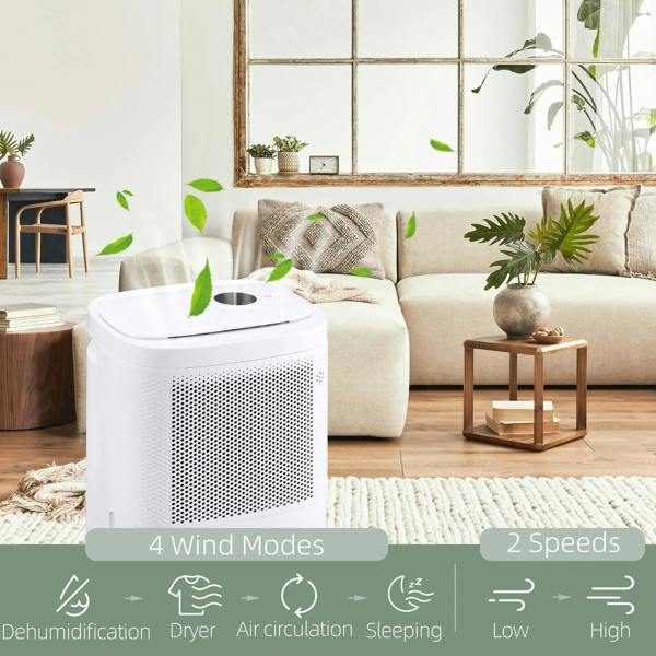 White dehumidifier with front air grille and caster wheels in a bright living room