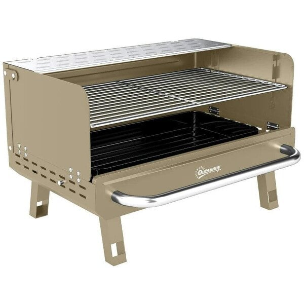 Bobobiy Portable BBQ Grill, Charcoal Barbecue Grill with Adjustable Grates, Foldable Legs, Side Shelf for Camping Travel, Khaki