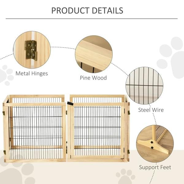 Natural wood pet gate with black wire mesh, metal hinges, and support feet detail.