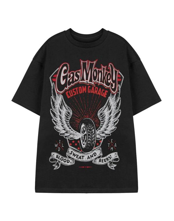 Gas Monkey Garage Mens Black Winged Tyre Short Sleeved T-Shirt
