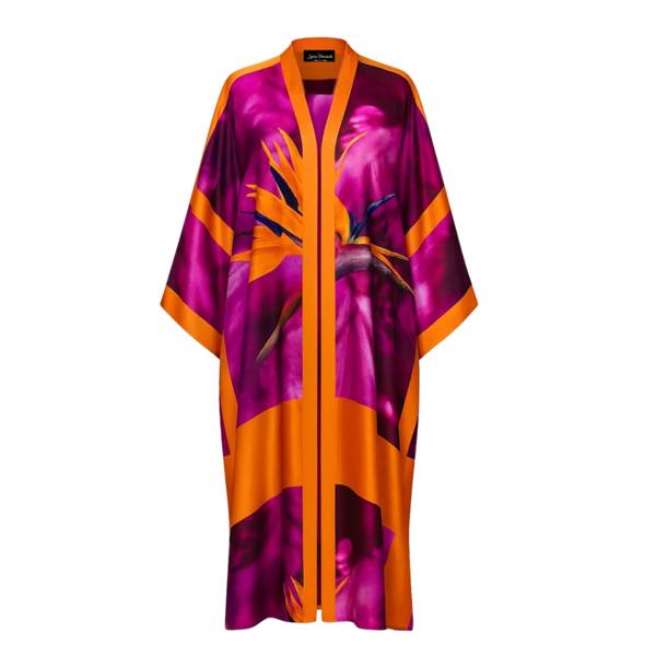 Sylvia Piechulla Bird of Paradise Printed Silk Kimono - Pink Purple