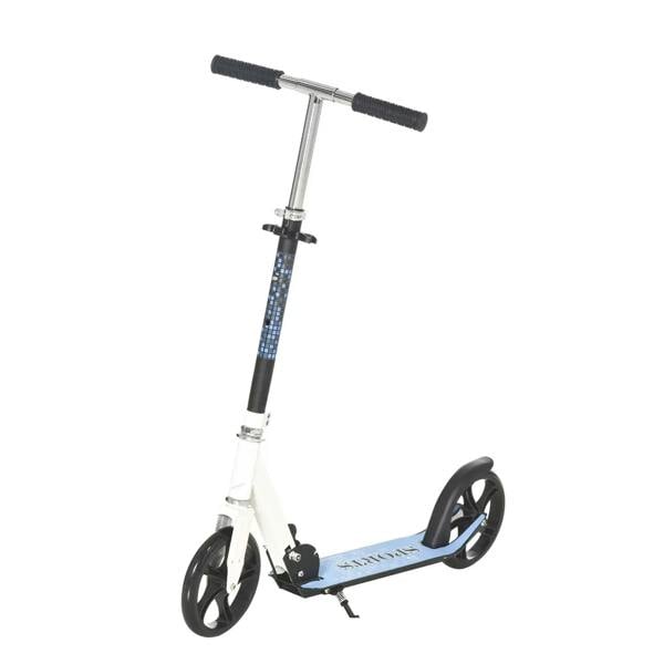 Blue folding kids kick scooter with black grips and white handlebar