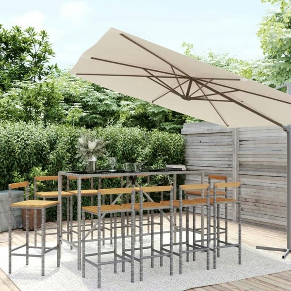 Berkfield 11 Piece Garden Bar Set Grey Poly Rattan& Solid Wood Acacia